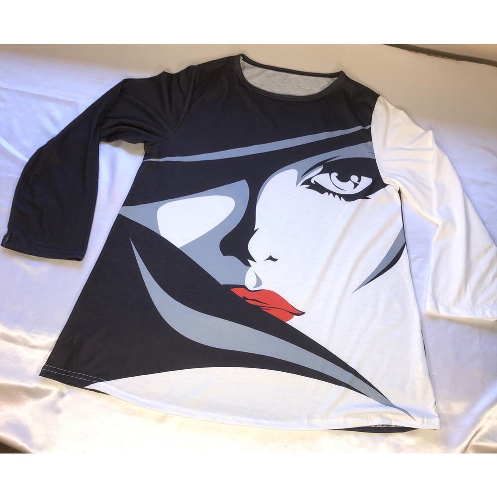 Tunic Top Art To Wear 70s 80s Pop Art Print Abstract Face Womens Size XXL